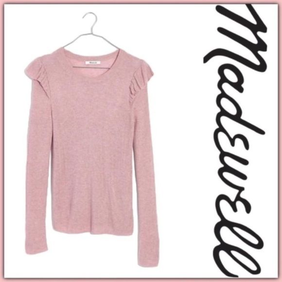Madewell XL Ruffle Sleeve Pullover Sweater Knit Heather Pink Ribbed Lightweight - Picture 1 of 8